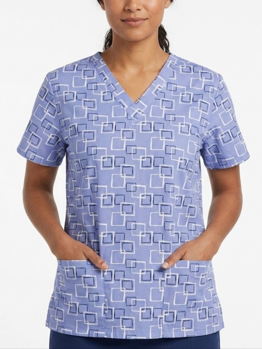 White Cross V-Life Blue Geometric Square Print Scrub Top V-Neck Size S